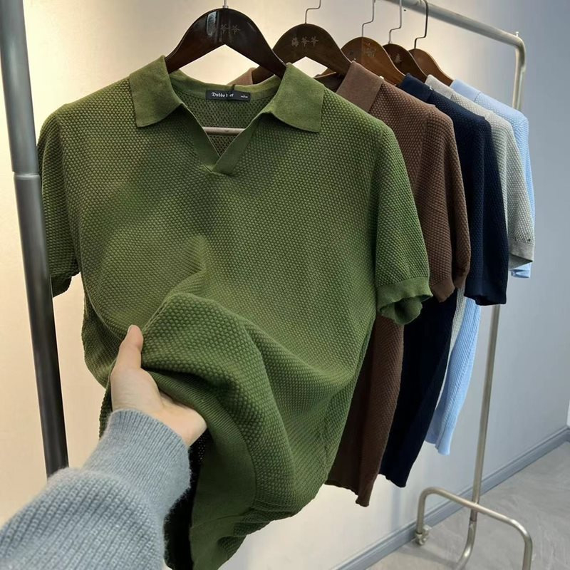 Polo majica od 100% pamuka, pleteni ananas uzorak, ovratnik u stilu galeba, prozračna i lagana, kratkih rukava, muški casual.