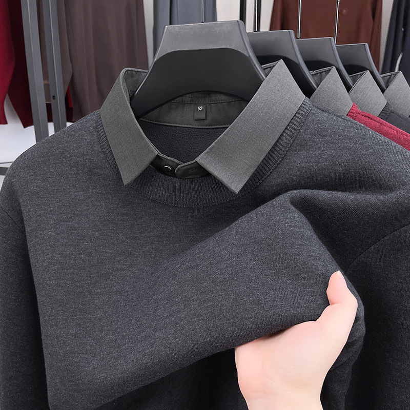 Férfiaknak készült pulóver, hatásos két rész illúzióval, fleece bélés, téli meleg és kényelmes, laza szabású, galléros lapos, jacquard kötés, középkorú férfiaknak