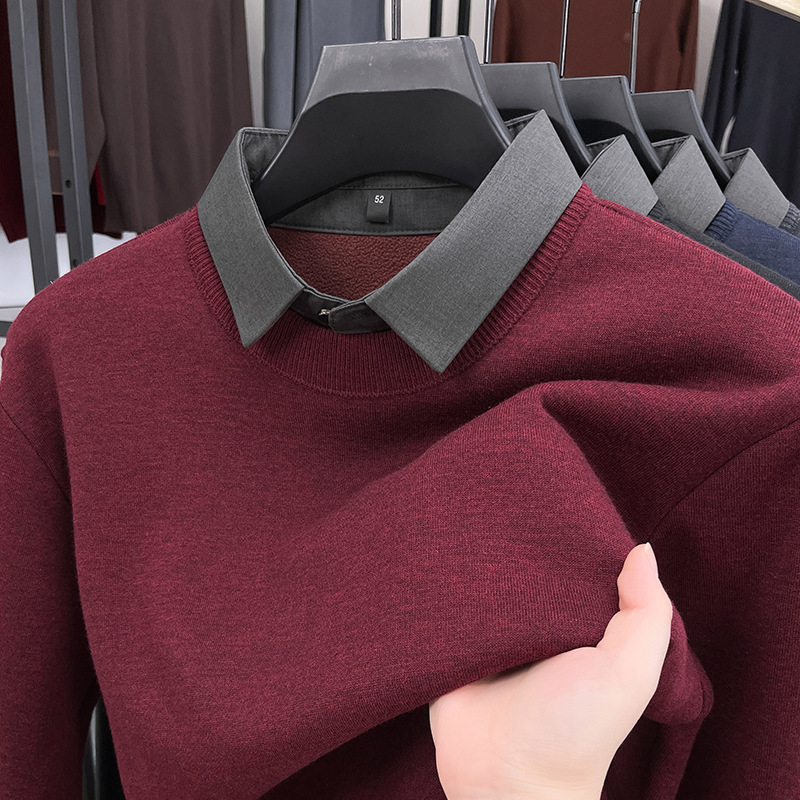 Férfiaknak készült pulóver, hatásos két rész illúzióval, fleece bélés, téli meleg és kényelmes, laza szabású, galléros lapos, jacquard kötés, középkorú férfiaknak