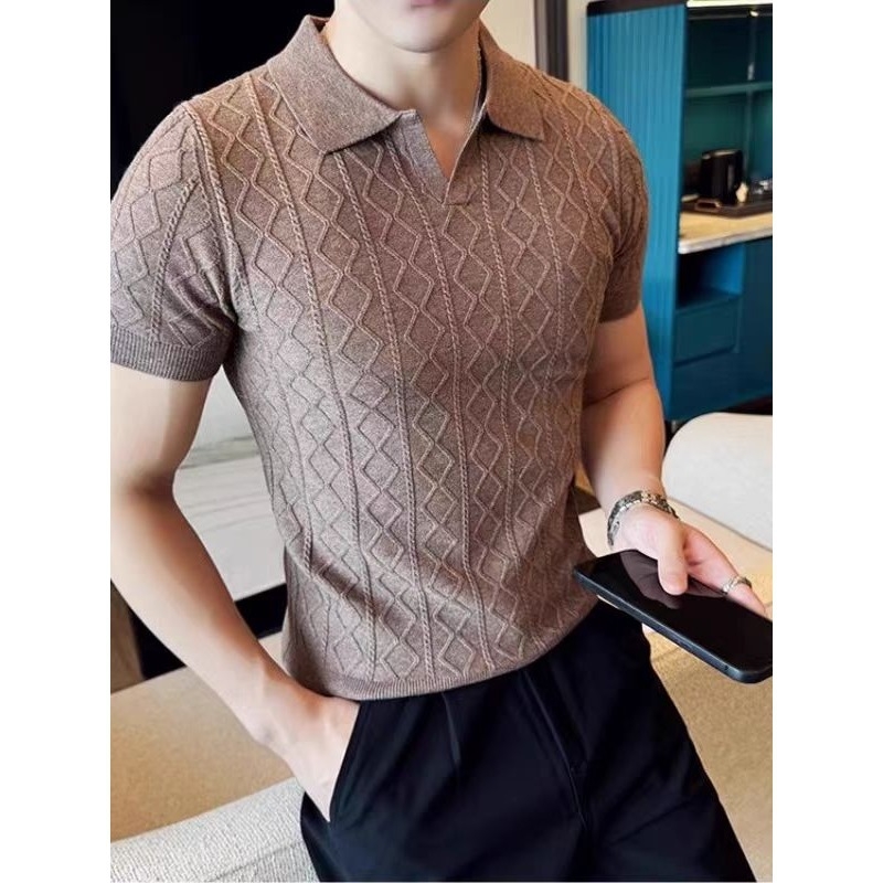 Muška polo majica s V-izrezom, kratkim rukavima, pleteni ice-silk, ljeto, diskretan luksuz, poslovni stil, svestrano