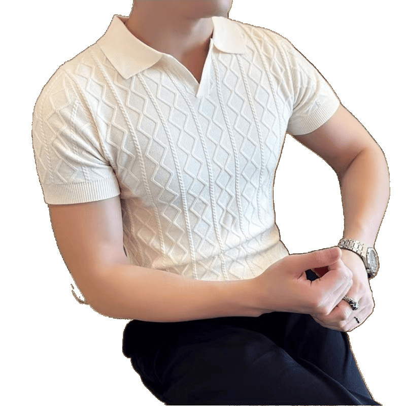 Muška polo majica s V-izrezom, kratkim rukavima, pleteni ice-silk, ljeto, diskretan luksuz, poslovni stil, svestrano