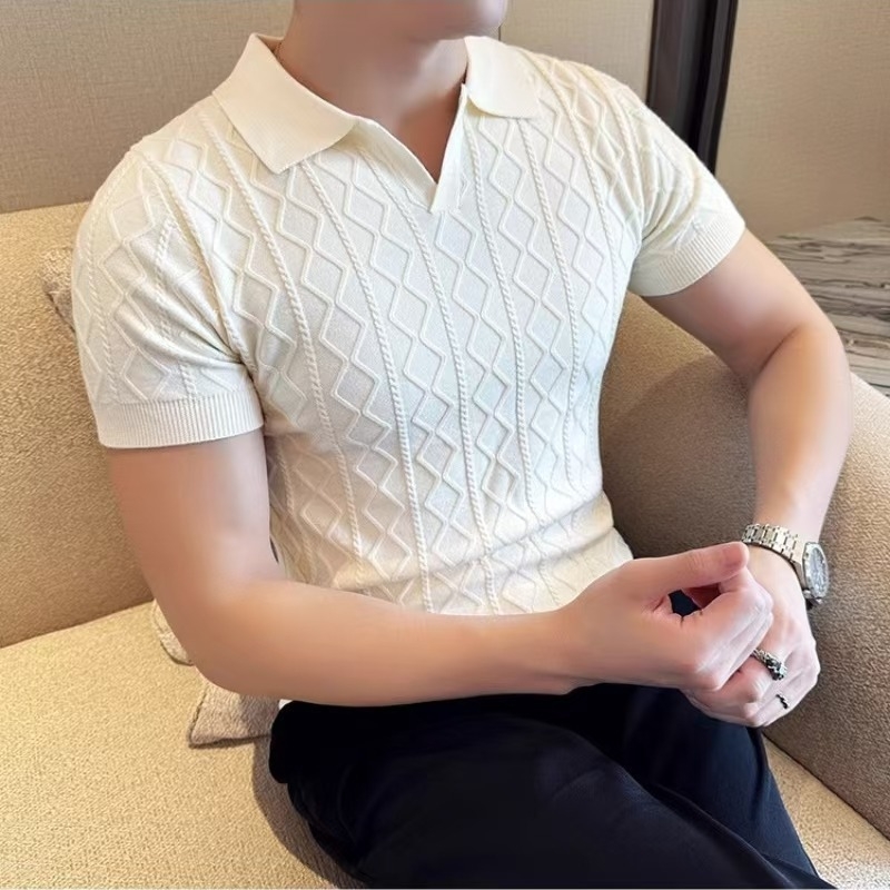 Muška polo majica s V-izrezom, kratkim rukavima, pleteni ice-silk, ljeto, diskretan luksuz, poslovni stil, svestrano