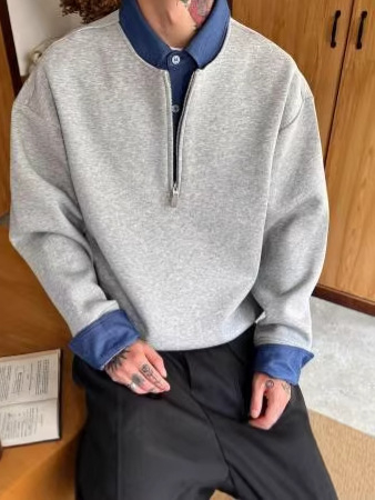 Férfi ing-stílusú pulóver, félcipzárral és belső placketkel, koreai stílus, illúzióként két részes dizájn, casual, hosszú ujjú