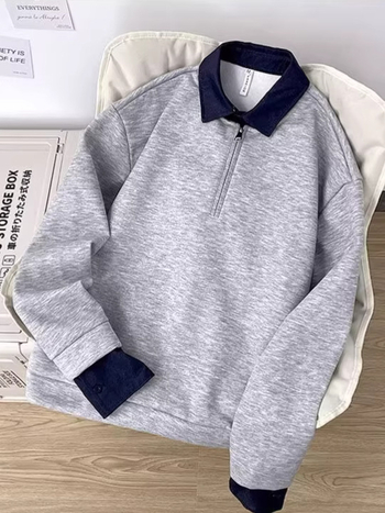 Férfi ing-stílusú pulóver, félcipzárral és belső placketkel, koreai stílus, illúzióként két részes dizájn, casual, hosszú ujjú