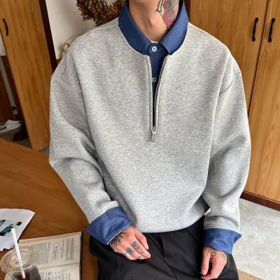 Férfi ing-stílusú pulóver, félcipzárral és belső placketkel, koreai stílus, illúzióként két részes dizájn, casual, hosszú ujjú