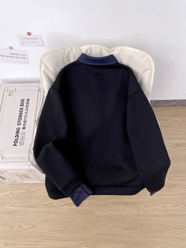 Férfi ing-stílusú pulóver, félcipzárral és belső placketkel, koreai stílus, illúzióként két részes dizájn, casual, hosszú ujjú
