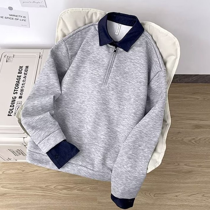 Férfi ing-stílusú pulóver, félcipzárral és belső placketkel, koreai stílus, illúzióként két részes dizájn, casual, hosszú ujjú
