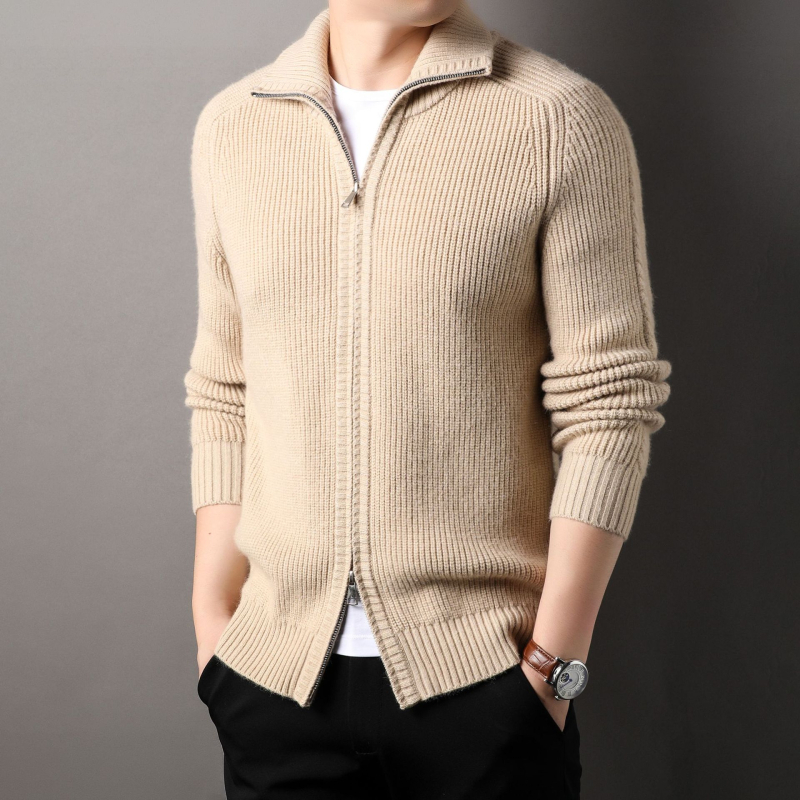 Férfi cipzáros kötött kardigán gallérrel, őszi–téli szezonra, vast kötés