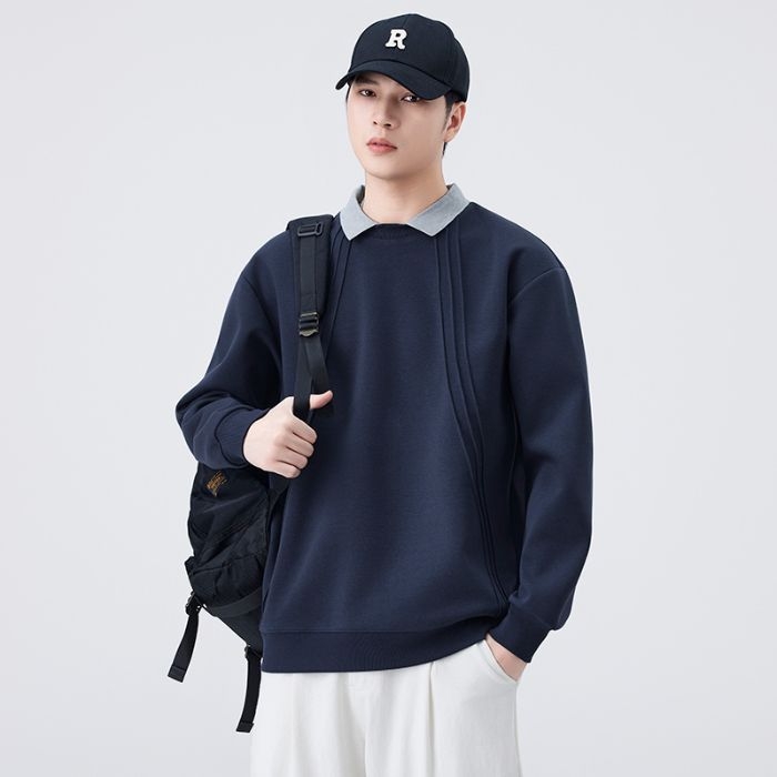 Férfi pamut-poliészter fleece polo hosszú ujjú, laza szabás, patch zseb