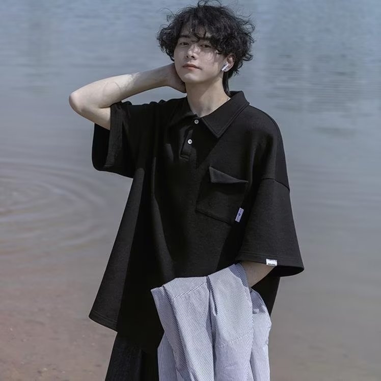 Muška ljetna polo majica s kratkim rukavima, opušten kroj, japanski stil, jednobojna, s ovratnikom, za svakodnevno nošenje