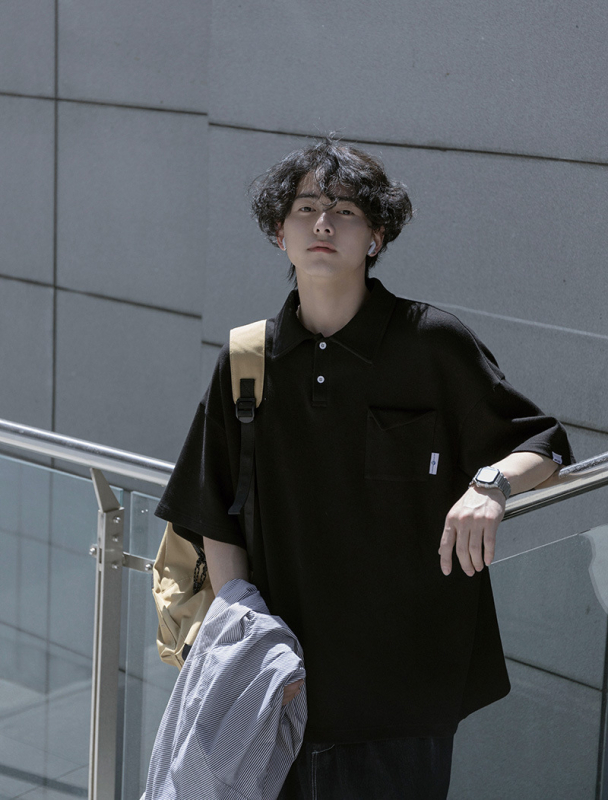 Férfi nyári poloing rövid ujjú, galléros póló, japán retro stílus, nehéz szövésű keverék