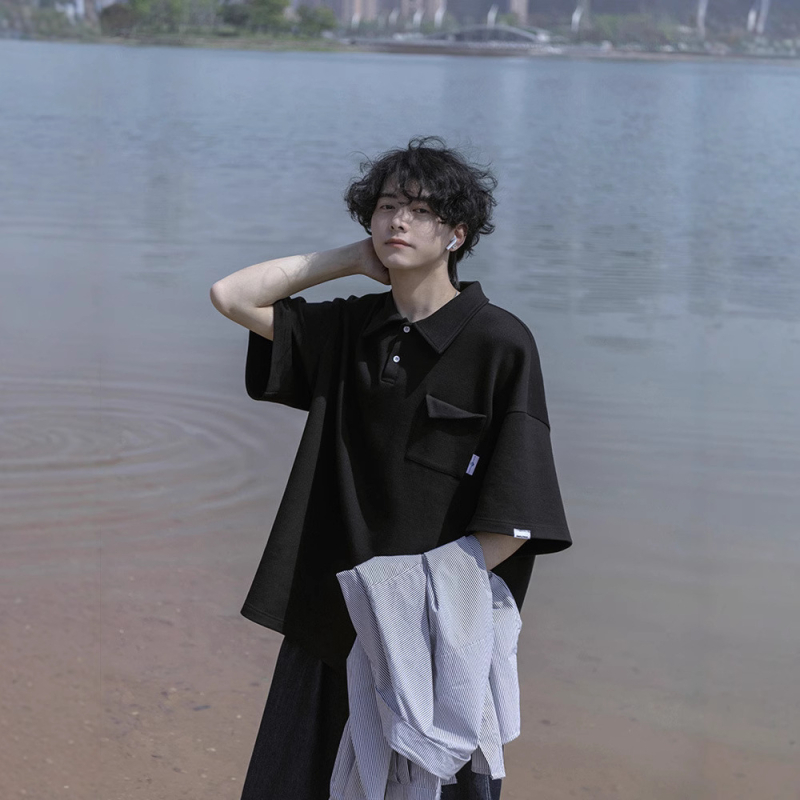 Férfi nyári poloing rövid ujjú, galléros póló, japán retro stílus, nehéz szövésű keverék