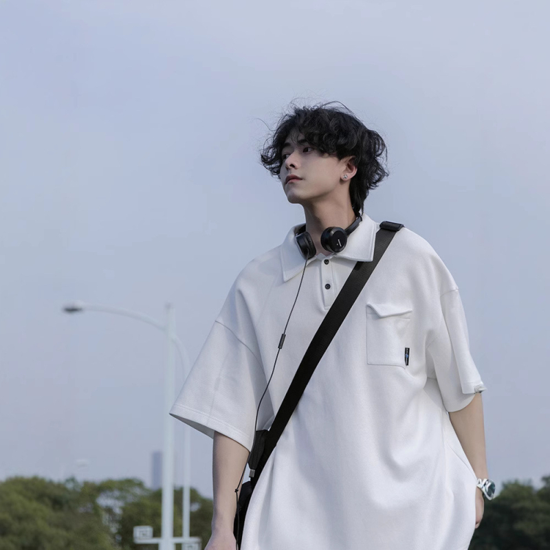 Férfi nyári poloing rövid ujjú, galléros póló, japán retro stílus, nehéz szövésű keverék