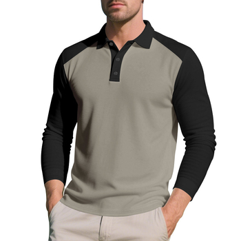 Férfiaknak készült hosszú ujjú színblokkolt polo, őszi casual golf póló gallérral, légáteresztő mesh anyag