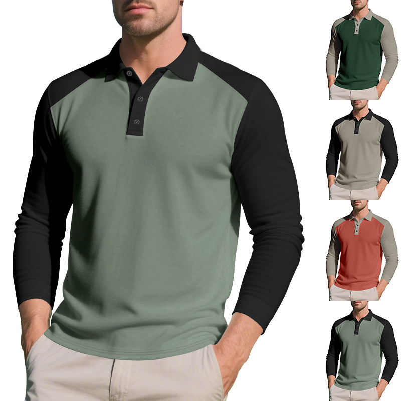 Férfiaknak készült hosszú ujjú színblokkolt polo, őszi casual golf póló gallérral, légáteresztő mesh anyag