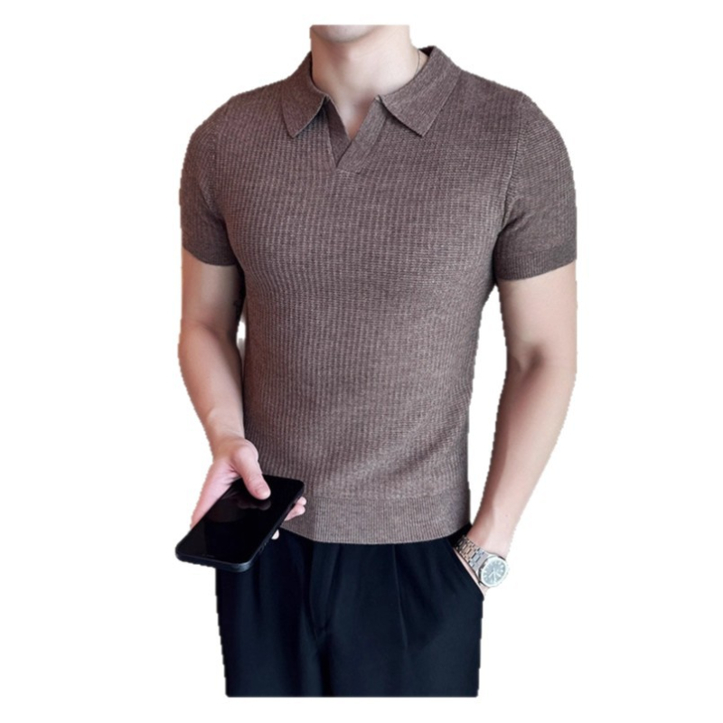 Lagana rib-pletena polo s panelima, prozračna, slim fit, kratka rukava, pamukova smjesa.