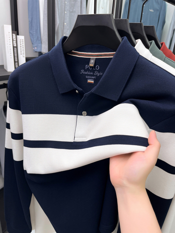Pamukasta polo majica s dugim rukavima, prugasta, polo ovratnik, za muškarce, jesen 2025