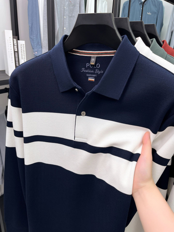 Pamukasta polo majica s dugim rukavima, prugasta, polo ovratnik, za muškarce, jesen 2025