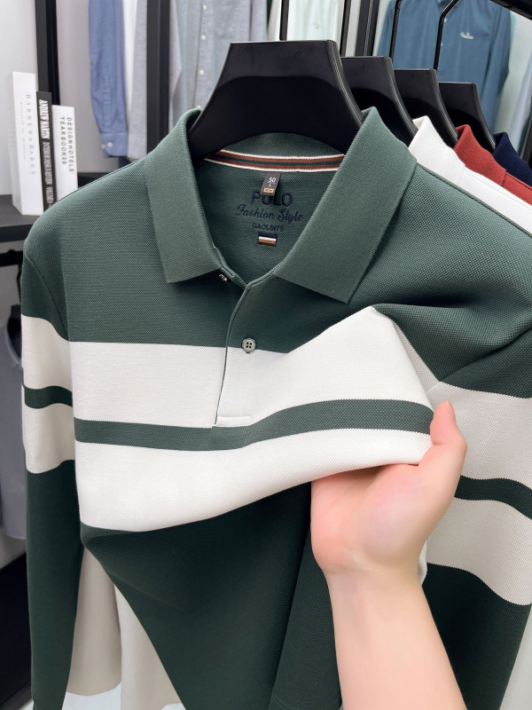 Pamukasta polo majica s dugim rukavima, prugasta, polo ovratnik, za muškarce, jesen 2025