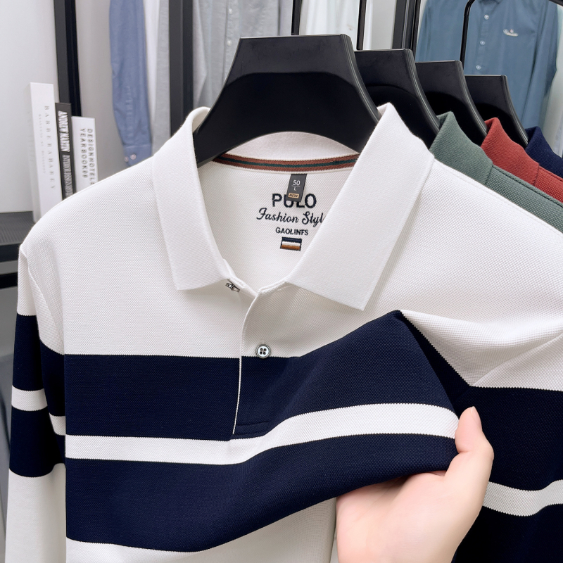 Pamukasta polo majica s dugim rukavima, prugasta, polo ovratnik, za muškarce, jesen 2025