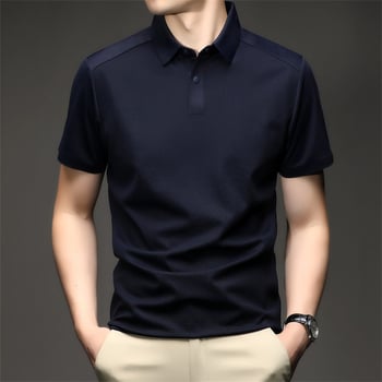 Férfi rövid ujjú galléros polo ing, nyár, varrat nélküli, vasalásmentes Ice Silk anyag, üzleti casual stílus