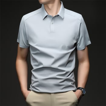 Férfi rövid ujjú galléros polo ing, nyár, varrat nélküli, vasalásmentes Ice Silk anyag, üzleti casual stílus