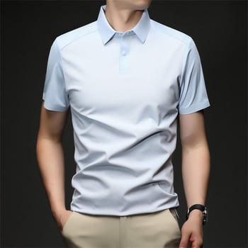 Férfi rövid ujjú galléros polo ing, nyár, varrat nélküli, vasalásmentes Ice Silk anyag, üzleti casual stílus