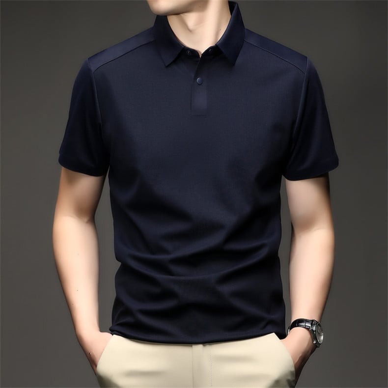 Férfi rövid ujjú galléros polo ing, nyár, varrat nélküli, vasalásmentes Ice Silk anyag, üzleti casual stílus