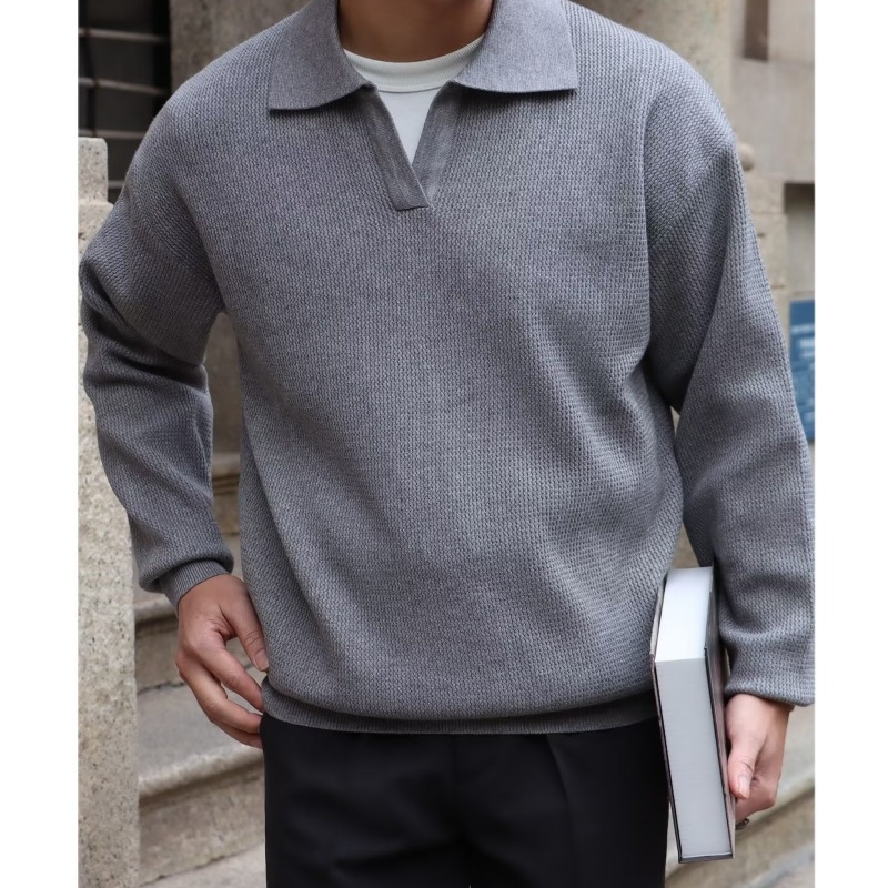 Muški džemper s polo ovratnikom, jednobojna boja, ležernog kroja, korejski stil, dugi rukav