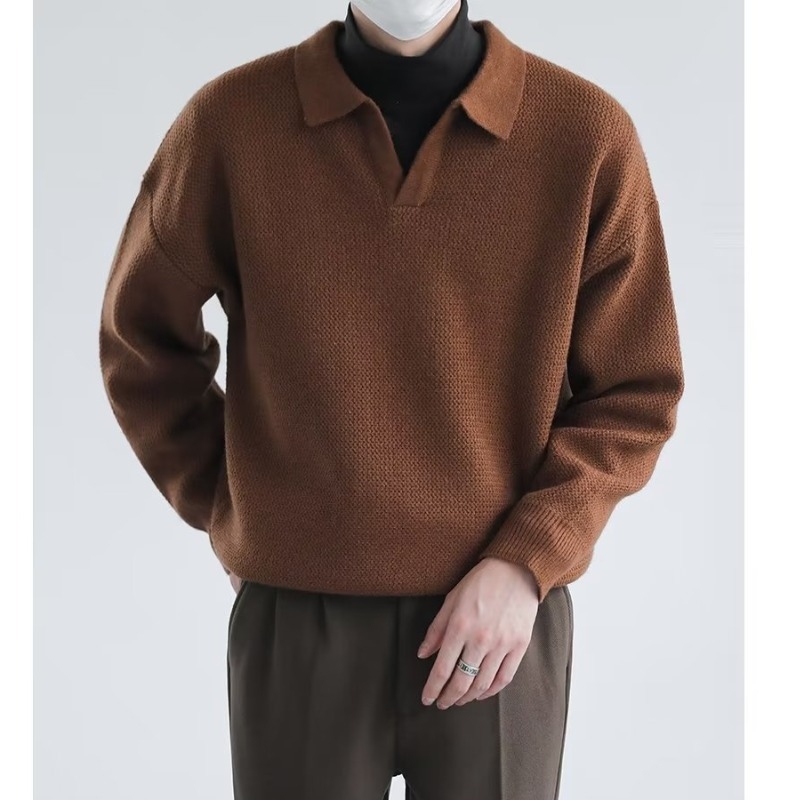 Muški džemper s polo ovratnikom, jednobojna boja, ležernog kroja, korejski stil, dugi rukav