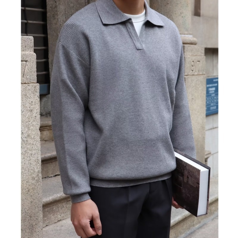 Muški džemper s polo ovratnikom, jednobojna boja, ležernog kroja, korejski stil, dugi rukav
