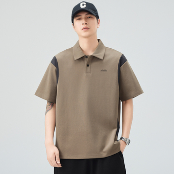 Férfi polo rövid ujjú, színes paneles, kontrasztos galléval, laza szabású, nyári casual, japán retro stílus