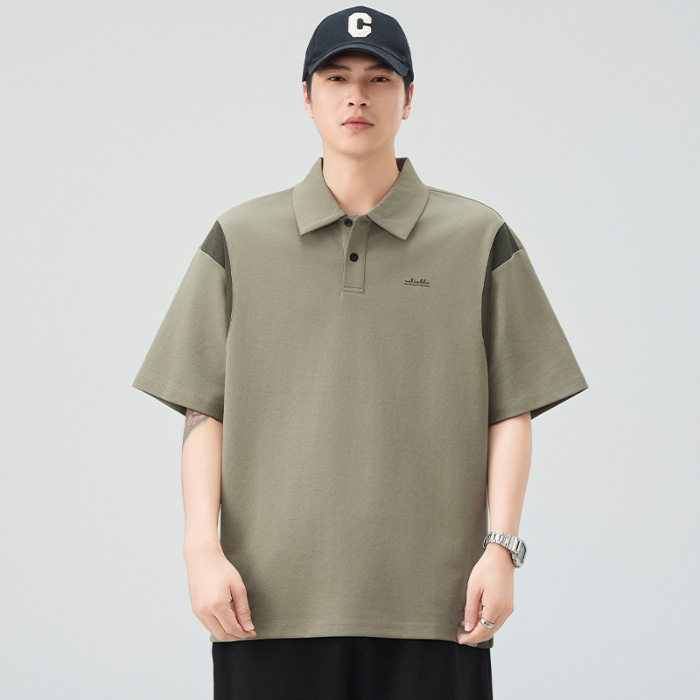 Férfi polo rövid ujjú, színes paneles, kontrasztos galléval, laza szabású, nyári casual, japán retro stílus