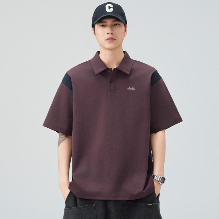 Férfi polo rövid ujjú, színes paneles, kontrasztos galléval, laza szabású, nyári casual, japán retro stílus
