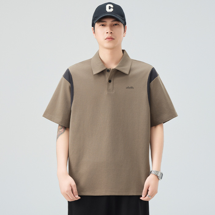 Férfi polo rövid ujjú, színes paneles, kontrasztos galléval, laza szabású, nyári casual, japán retro stílus