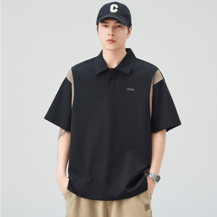 Férfi polo rövid ujjú, színes paneles, kontrasztos galléval, laza szabású, nyári casual, japán retro stílus