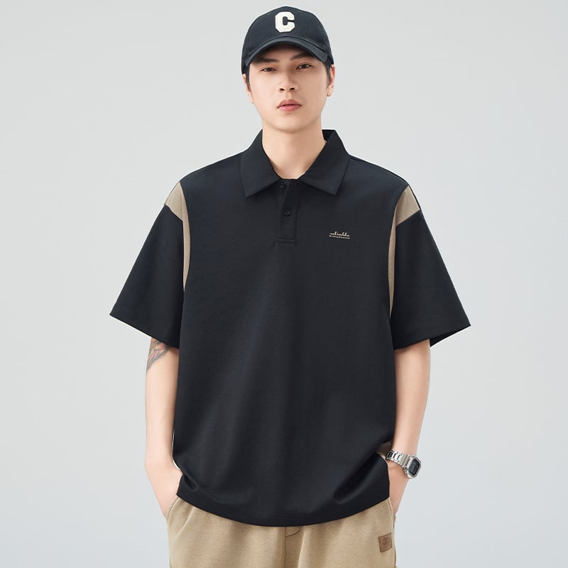 Férfi polo rövid ujjú, színes paneles, kontrasztos galléval, laza szabású, nyári casual, japán retro stílus