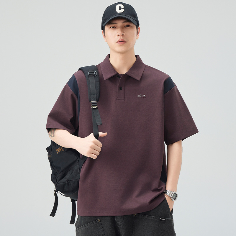 Férfi polo rövid ujjú, színes paneles, kontrasztos galléval, laza szabású, nyári casual, japán retro stílus