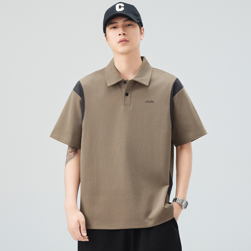 Férfi polo rövid ujjú, színes paneles, kontrasztos galléval, laza szabású, nyári casual, japán retro stílus