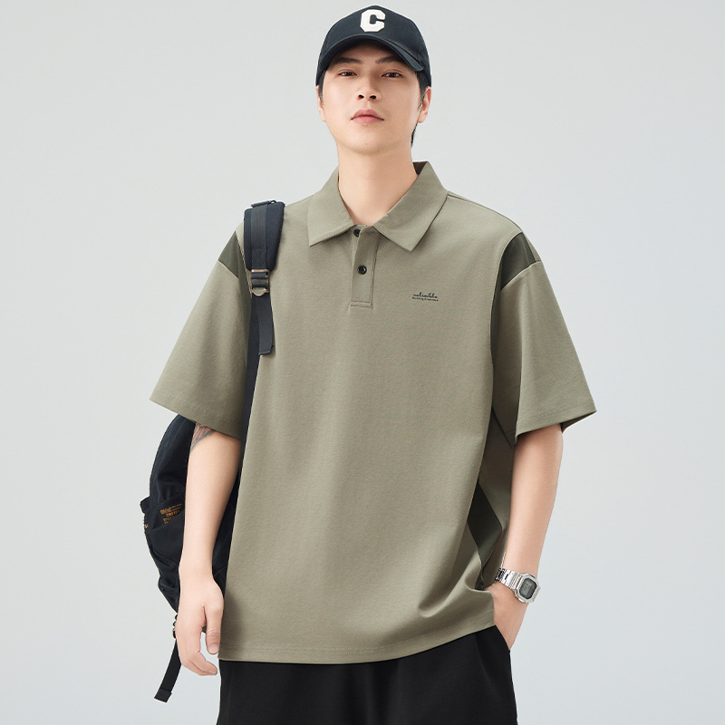 Férfi polo rövid ujjú, színes paneles, kontrasztos galléval, laza szabású, nyári casual, japán retro stílus
