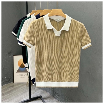 Férfi rövid ujjú polo vékony ice silk kötött anyagból, színblokkolt kivitel, polo gallér, nyári casual stílus