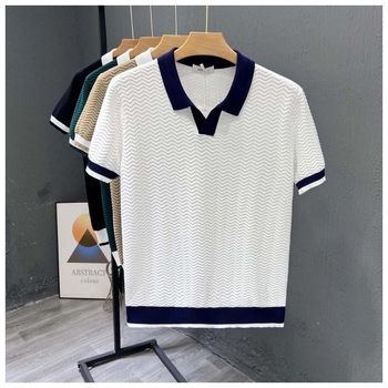 Férfi rövid ujjú polo vékony ice silk kötött anyagból, színblokkolt kivitel, polo gallér, nyári casual stílus