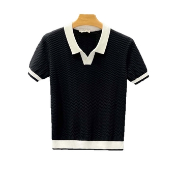 Férfi rövid ujjú polo vékony ice silk kötött anyagból, színblokkolt kivitel, polo gallér, nyári casual stílus