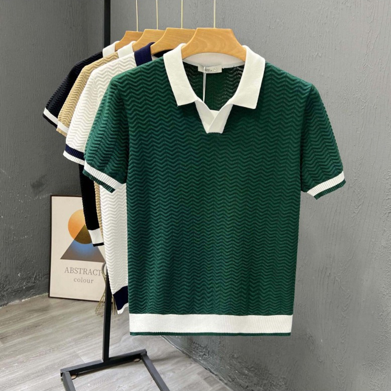 Férfi rövid ujjú polo vékony ice silk kötött anyagból, színblokkolt kivitel, polo gallér, nyári casual stílus