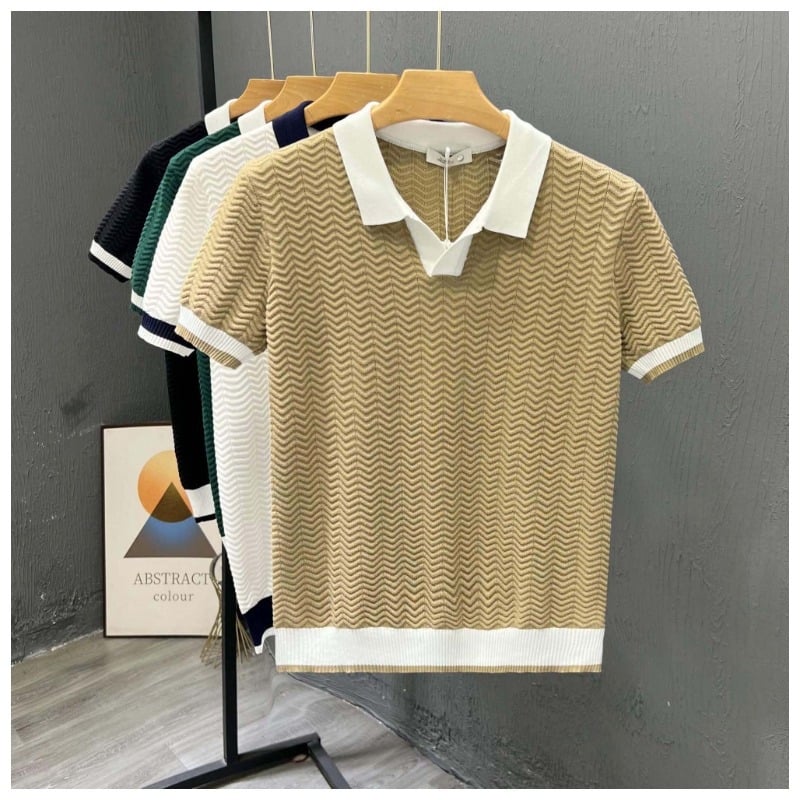 Férfi rövid ujjú polo vékony ice silk kötött anyagból, színblokkolt kivitel, polo gallér, nyári casual stílus