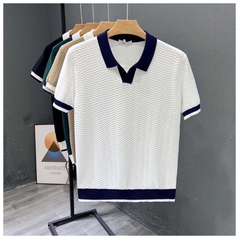 Férfi rövid ujjú polo vékony ice silk kötött anyagból, színblokkolt kivitel, polo gallér, nyári casual stílus