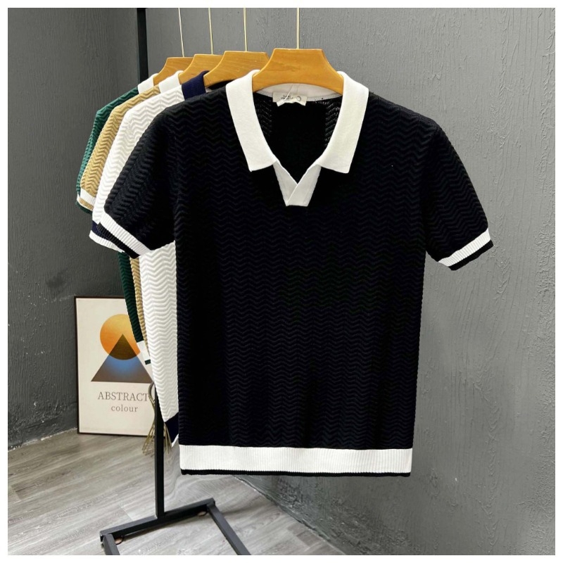 Férfi rövid ujjú polo vékony ice silk kötött anyagból, színblokkolt kivitel, polo gallér, nyári casual stílus