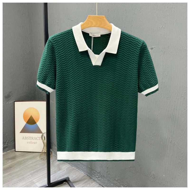 Férfi rövid ujjú polo vékony ice silk kötött anyagból, színblokkolt kivitel, polo gallér, nyári casual stílus