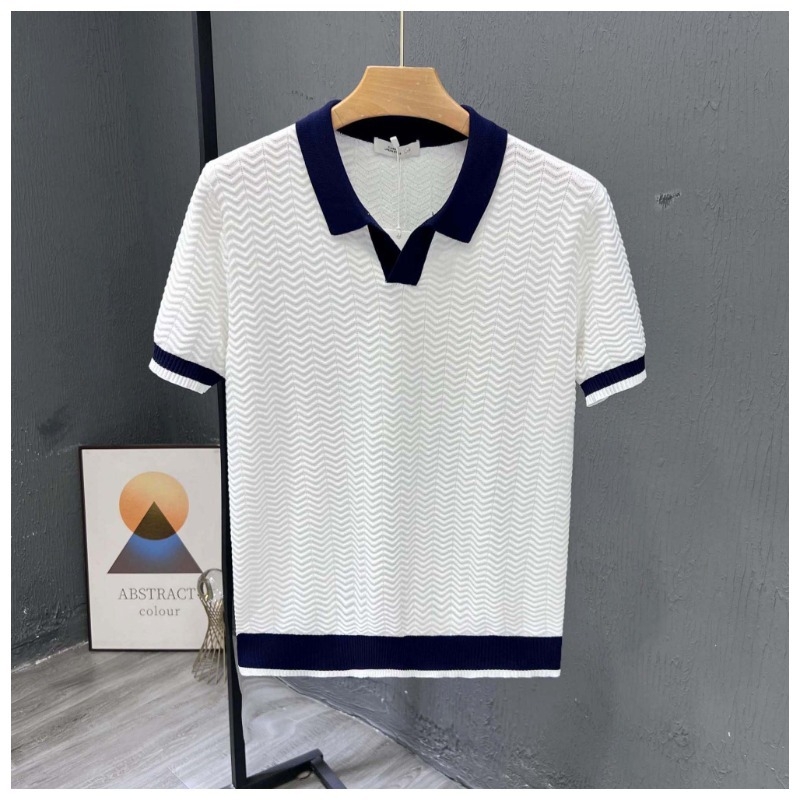Férfi rövid ujjú polo vékony ice silk kötött anyagból, színblokkolt kivitel, polo gallér, nyári casual stílus