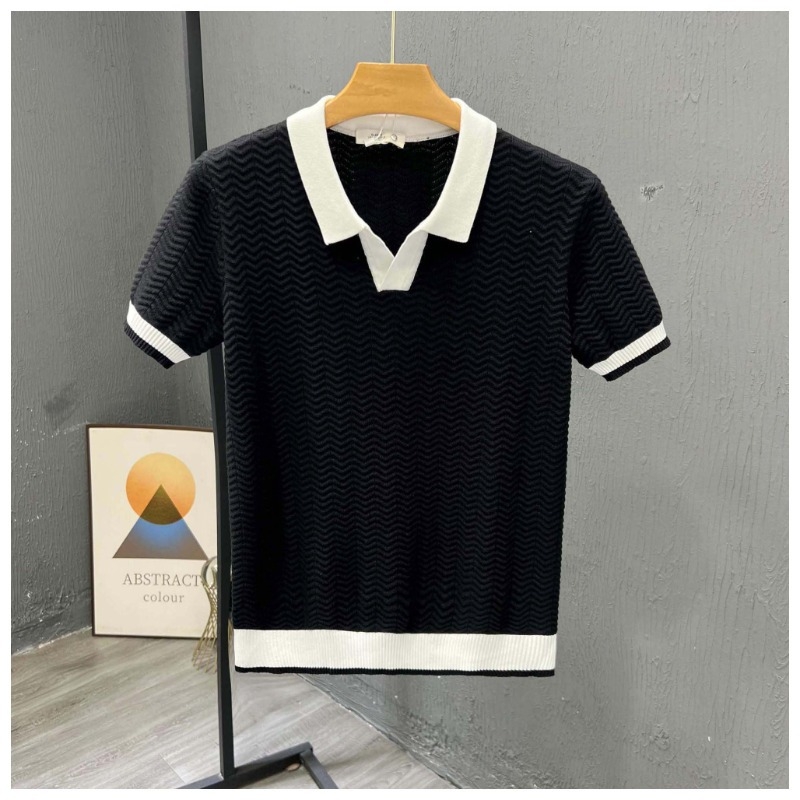Férfi rövid ujjú polo vékony ice silk kötött anyagból, színblokkolt kivitel, polo gallér, nyári casual stílus